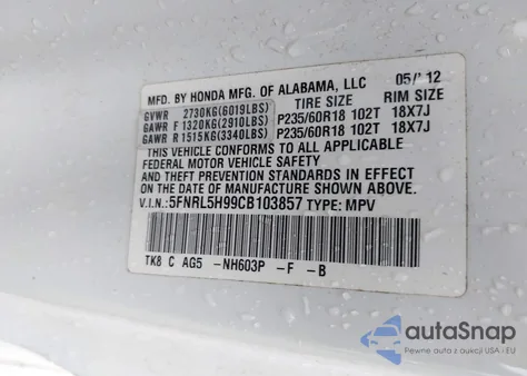 2012 Honda Odyssey Touring/Touring Elite from USA, damaged, VIN 5FNRL5H99CB103857